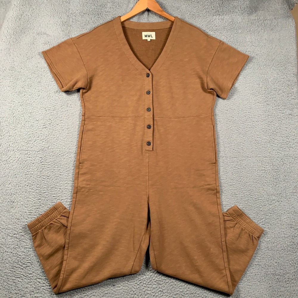 Madewell Coverall Jumpsuit Womens Large Brown MWL Short-Sleeve V-Neck Button Up
